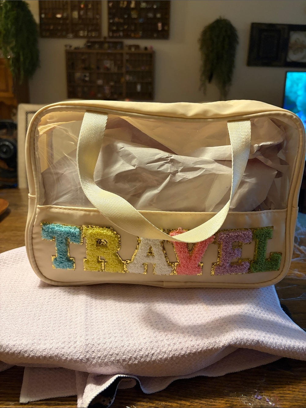 Travel Clear Toiletry Bag in Cream with Multicolor Trim new in bag